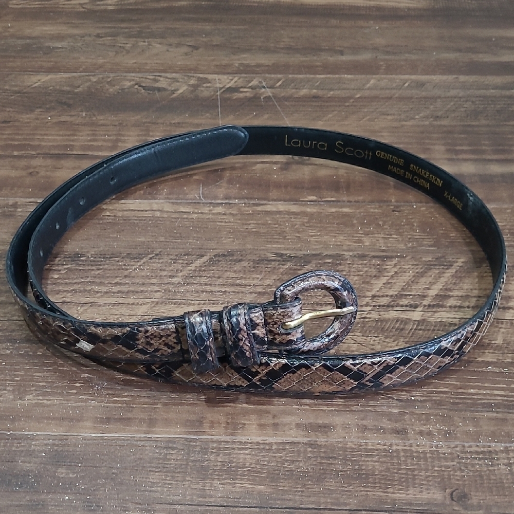 Brown Snake-Print Slim Belt with Rounded Buckle